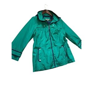 Susan Graver Green Blue Full Zip‎ Detachable Hood Rain Jacket Pocket Fall Medium